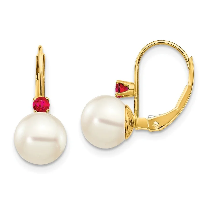 Woven thread earrings-14k Yellow Gold 7-7.5mm White Pearl And .13ct. Ruby Lever back Ear (L-16 mm, W-7 mm)