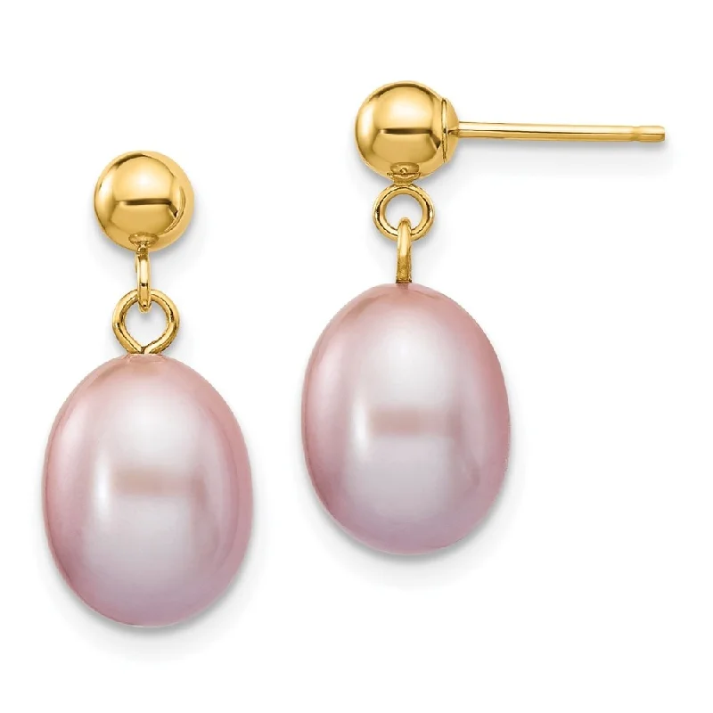 Antique-style opal earrings-14k Yellow Gold 8-9mm Purple Pearl Dangle Earrings (L-19 mm, W-8.5 mm)