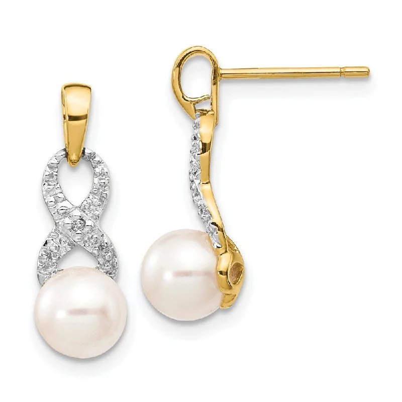 Vivid gem earrings-14k Yellow Gold Diamond And 6-7mm Pearl Dangle Earrings (L-17 mm, W-6 mm)