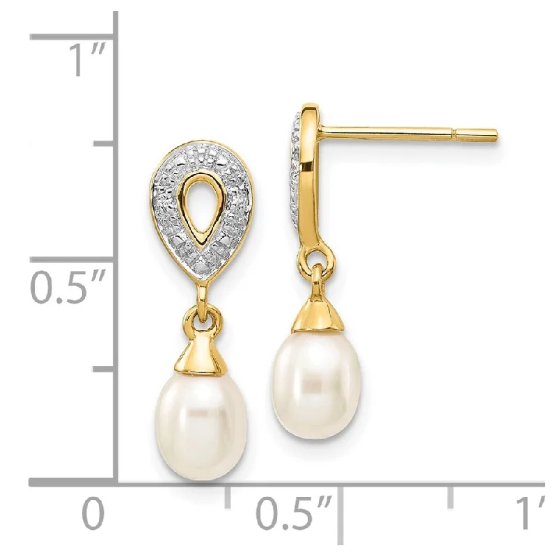 Vivid gem earrings-14k Yellow Gold Diamond And 7x5mm Egg Pearl Dangle Earrings (L-19 mm, W-5 mm)