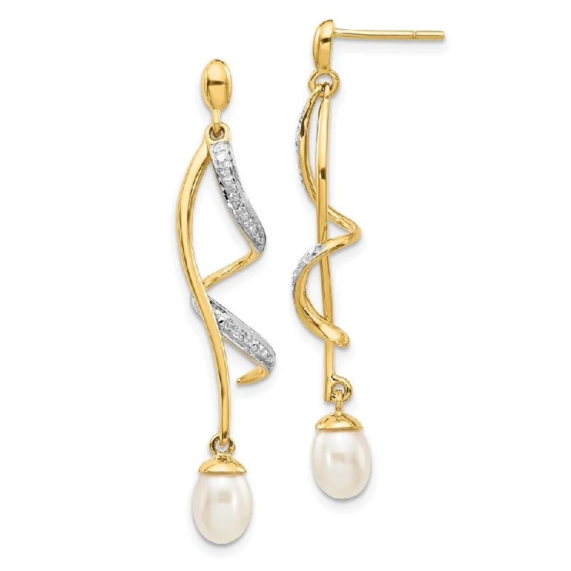 Neat cut earrings-14k Yellow Gold Diamond And 7x5mm Egg Pearl Dangle Earrings (L-42 mm, W-7 mm)