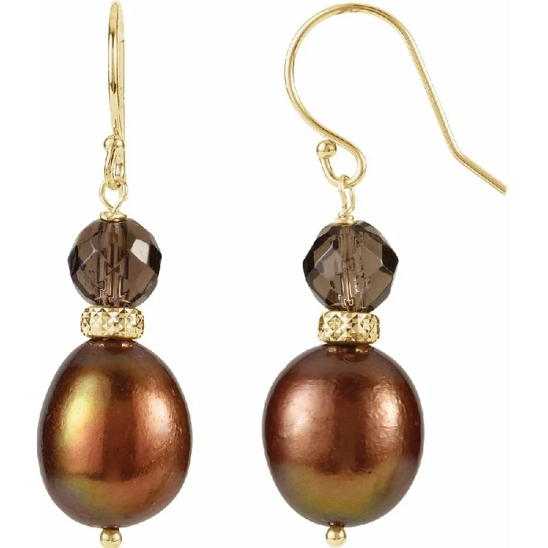 Antique topaz earrings-14k Yellow Gold Freshwater Cultured Pearl & Smoky Quartz Dangle Earring for Women