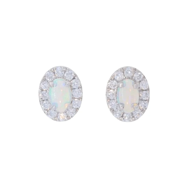 Low-profile cabochon earrings-Opal and Diamond Halo Earrings