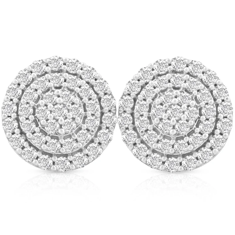 Light-carved earrings-1ct Pave Diamond Double Halo Studs 10K White Gold