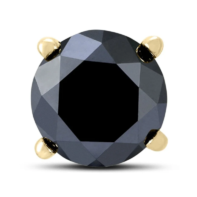 Inset gem earrings-2 Carat Round Single Solitaire Black Diamond Stud Earring in 10K Yellow Gold