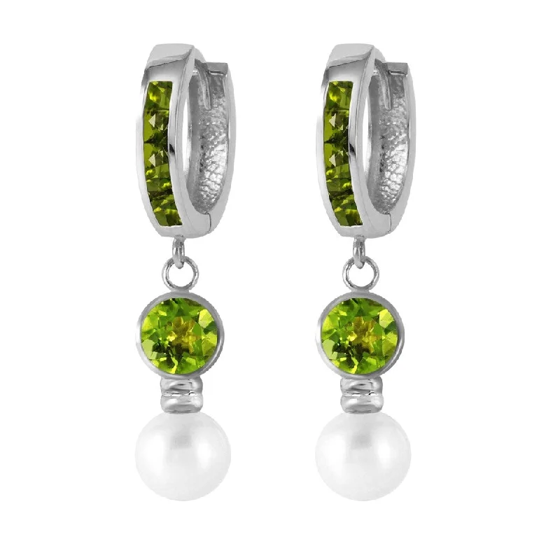 Sparkling silver earrings-4.3 Carat 14K Solid White Gold Huggie Earrings pearl Peridot