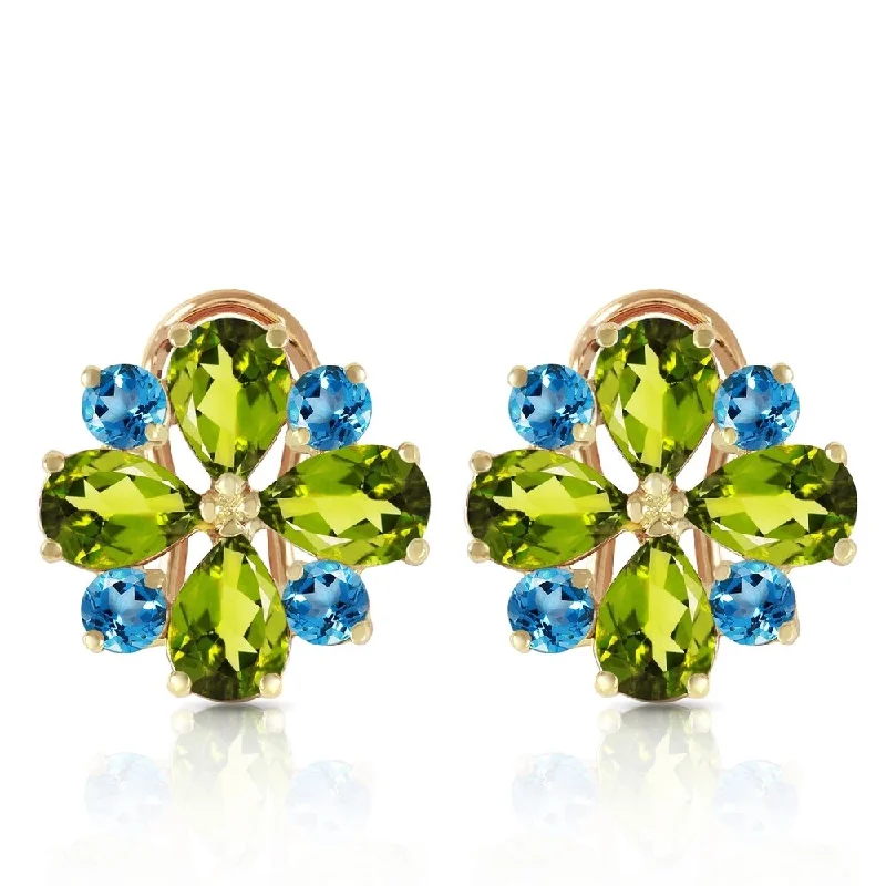 Branch-twist earrings-4.85 Carat 14K Solid Gold French Clips Earrings Peridot Blue Topaz