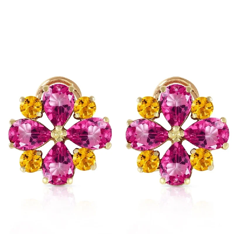 Recessed stone earrings-4.85 Carat 14K Solid Gold French Clips Earrings Pink Topaz Citrine