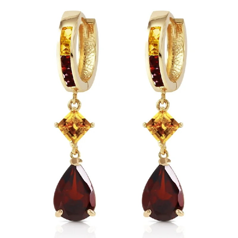 Light-carved earrings-5.15 Carat 14K Solid Gold Huggie Earrings Dangling Garnet Citrine