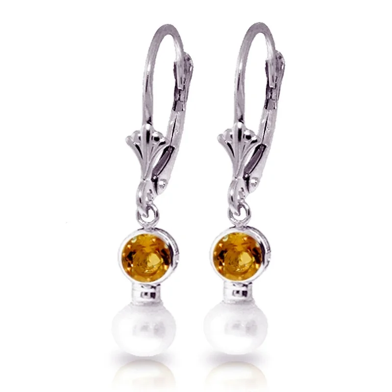 Sparkling spodumene earrings-5.2 Carat 14K Solid Gold Leverback Earrings Pearl Citrine Gemstone