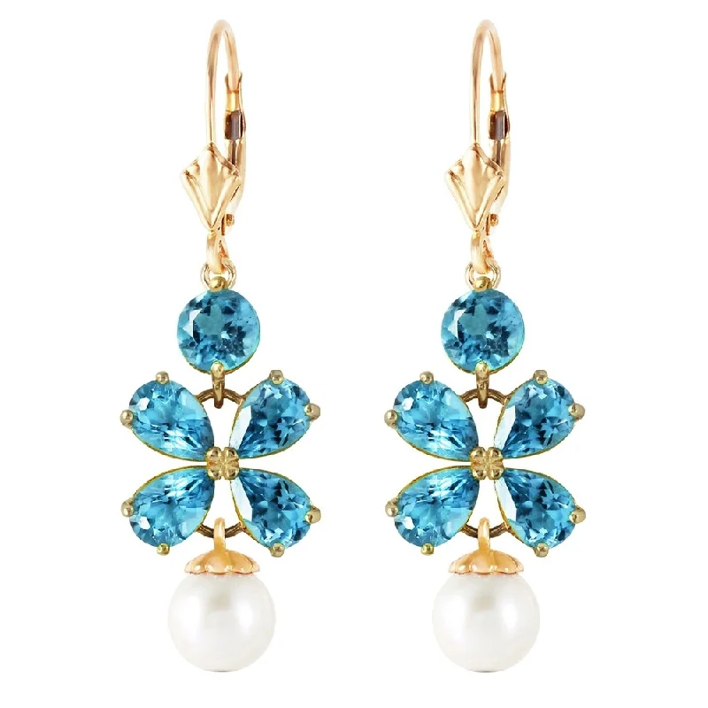 Light morganite earrings-6.28 Carat 14K Solid Gold Chandelier Earrings Blue Topaz pearl