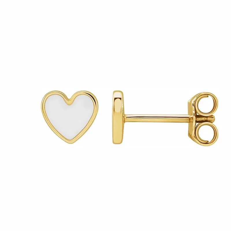 Cast gold earrings-White Enamel Heart Stud Earrings