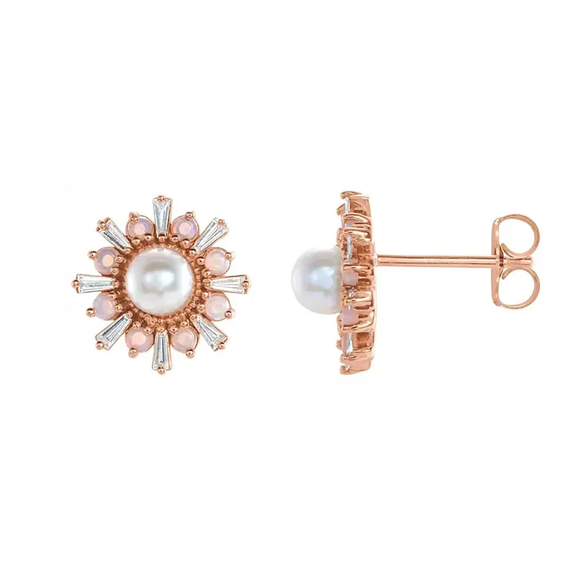 Cast gold earrings-Akoya Pearl, Opal, and Diamond Halo Earrings