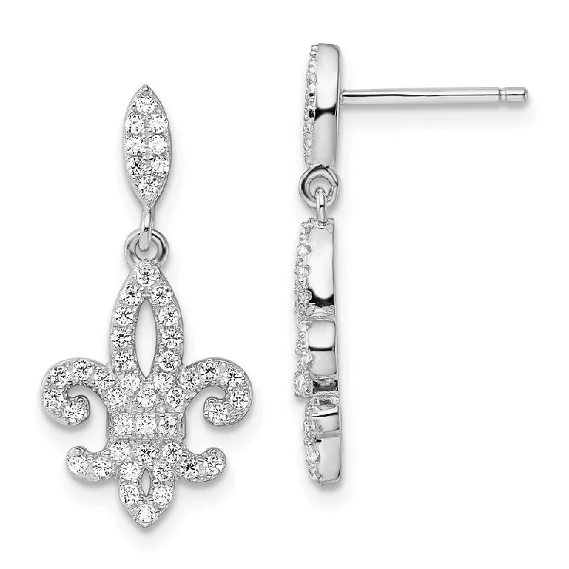 Hexagonal stud earrings-925 Sterling Silver CZ and Brilliant Embers Fleur De Lis Dangle Earrings (L-25 mm, W-12 mm)