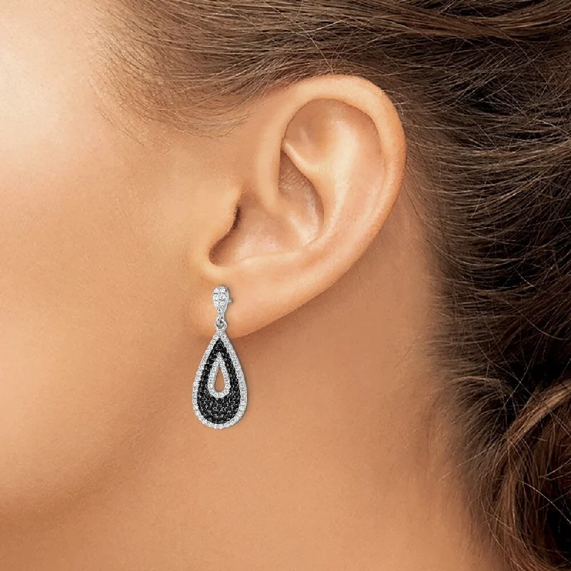 Slotted design earrings-925 Sterling Silver CZ and Brilliant Embers Teardrop Dangle Earrings (L-28 mm, W-11 mm)