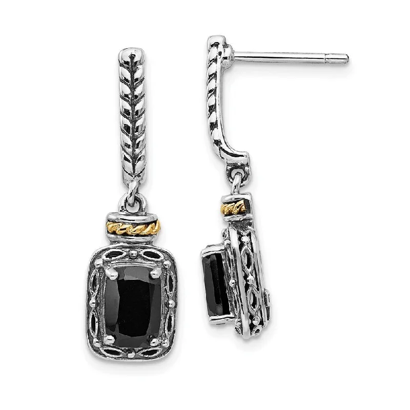 Frayed rim earrings-925 Sterling Silver Gold Plated Antiqued Onyx Dangle Earrings (L-27 mm, W-8 mm)