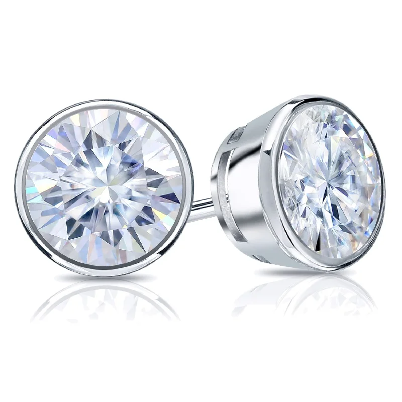 Furrowed edge earrings-Auriya 18k Gold 2ctw Bezel-set Round Moissanite Stud Earrings - 6.5 mm