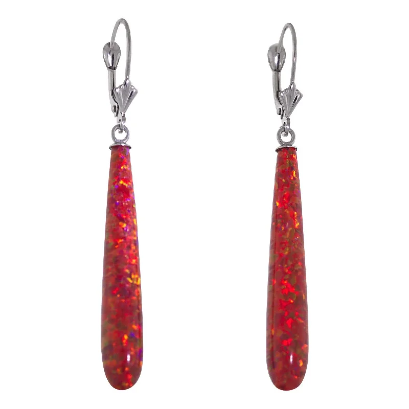 Gentle flow earrings-Ginger: 35mm Flame Red Created Opal Teardrop Lever Back Earrings 14K White Gold