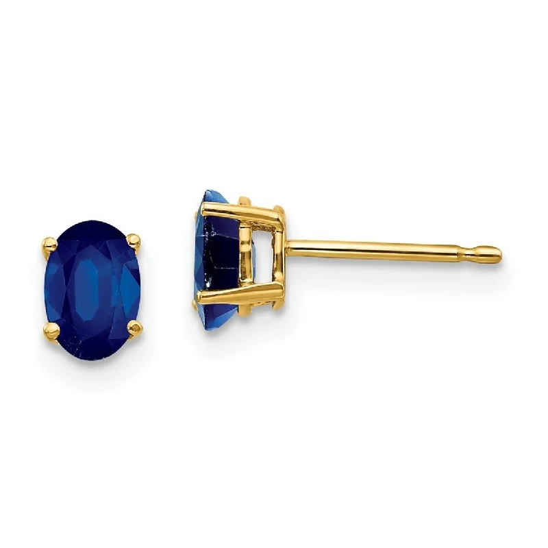 Slim-band earrings-Curata 14k Yellow Gold 6x4mm Genuine Oval Blue Sapphire Stud Earrings