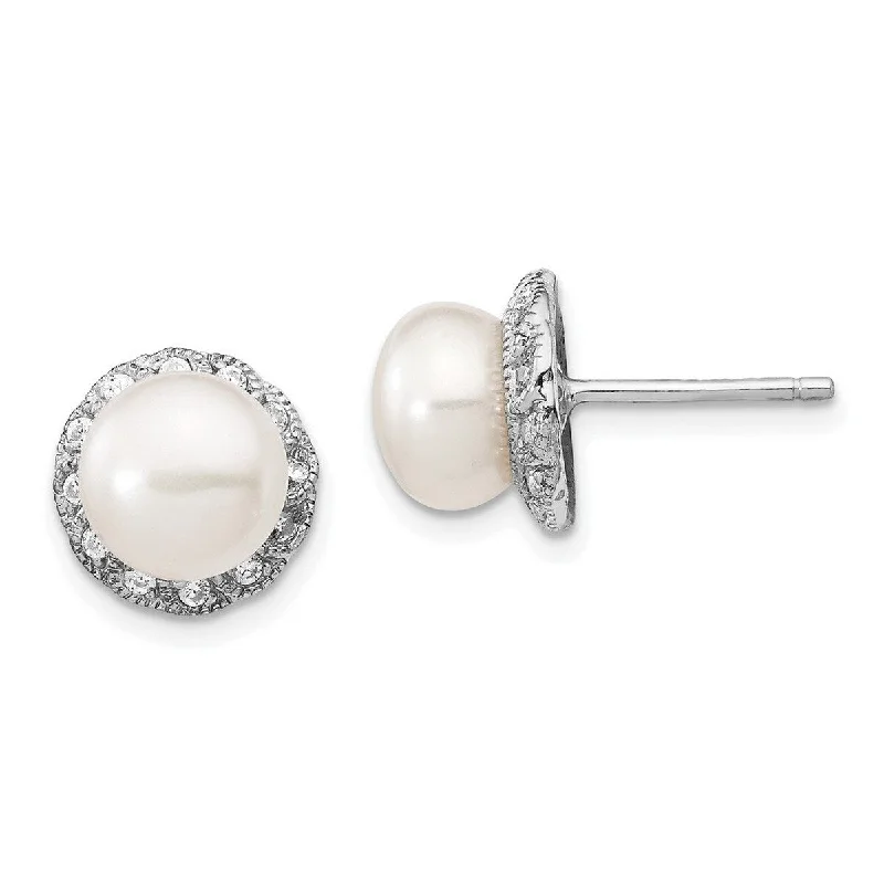 Open twist earrings-Curata 925 Sterling Silver 11mm CZ Cubic Zirconia Cultured Pearl Vintage Stud Earrings