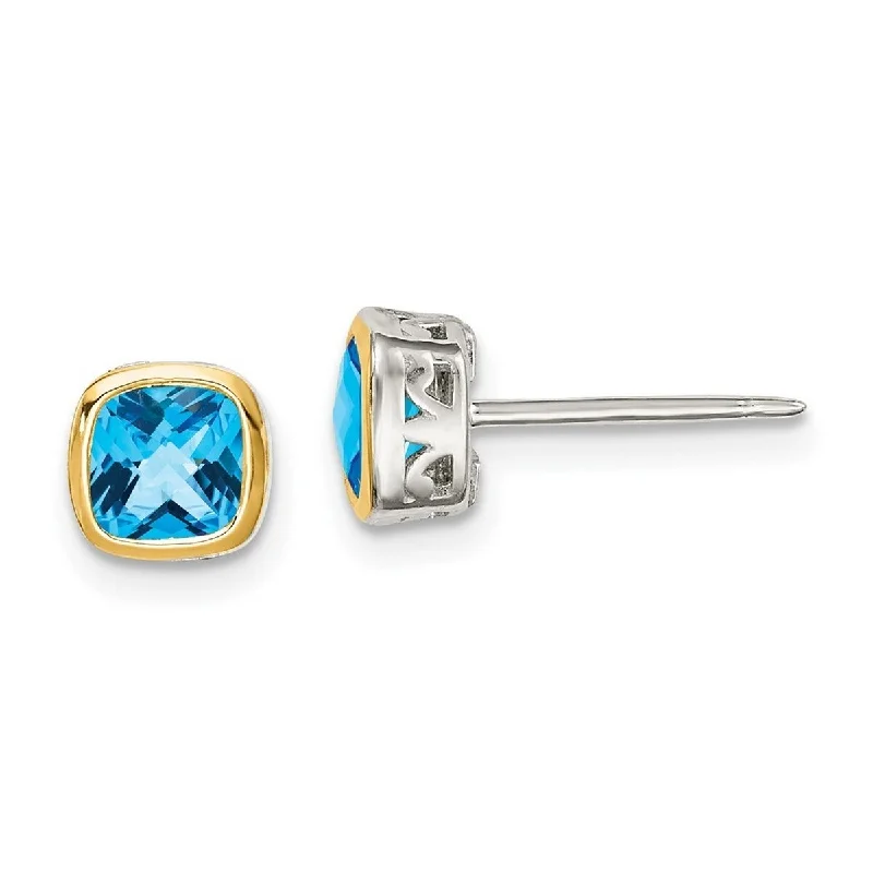 Encased stone earrings-Curata 925 Sterling Silver With Real 14k Accent 6.5mm Light Swiss Blue Topaz Square Stud Earrings