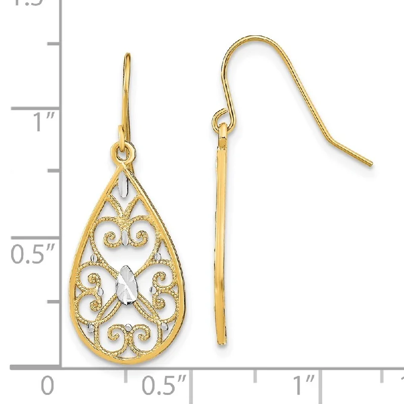 Glossy jet earrings-Diamond2Deal 14K Yellow Gold and Rhodium Fancy Dangle Wire Earrings (L-31 mm, W-11 mm)