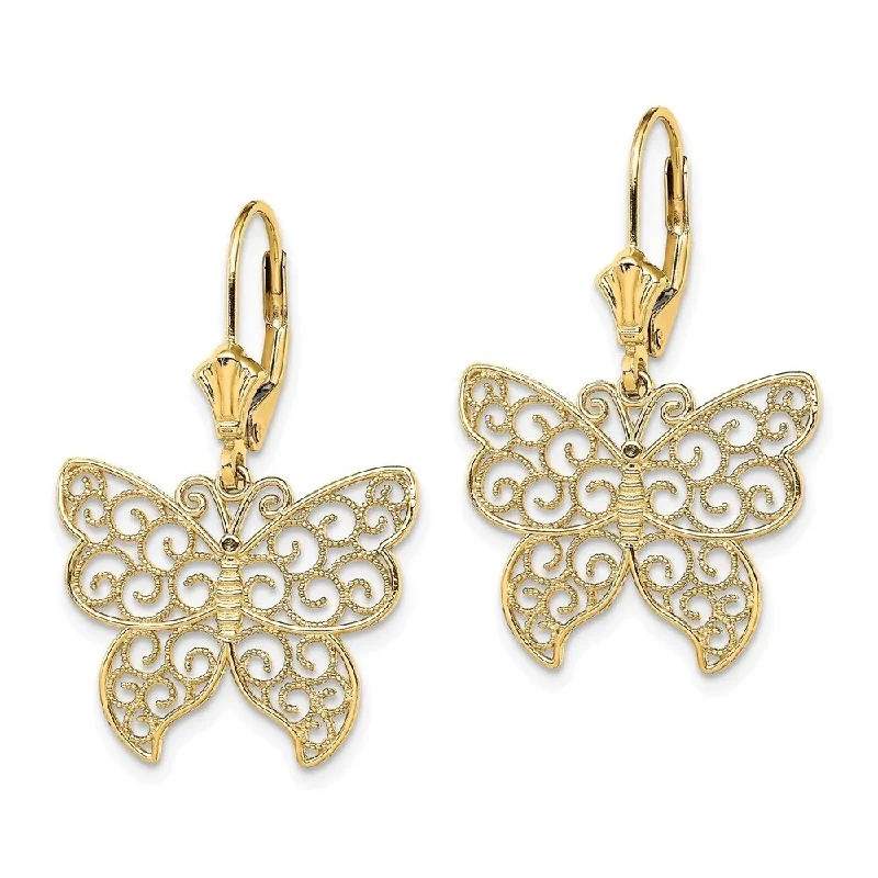 Streamlined design earrings-Diamond2Deal 14K Yellow Gold Butterfly Beaded Filigree Wings Earrings with Leverback (L-32.6 mm, W-20.3 mm)