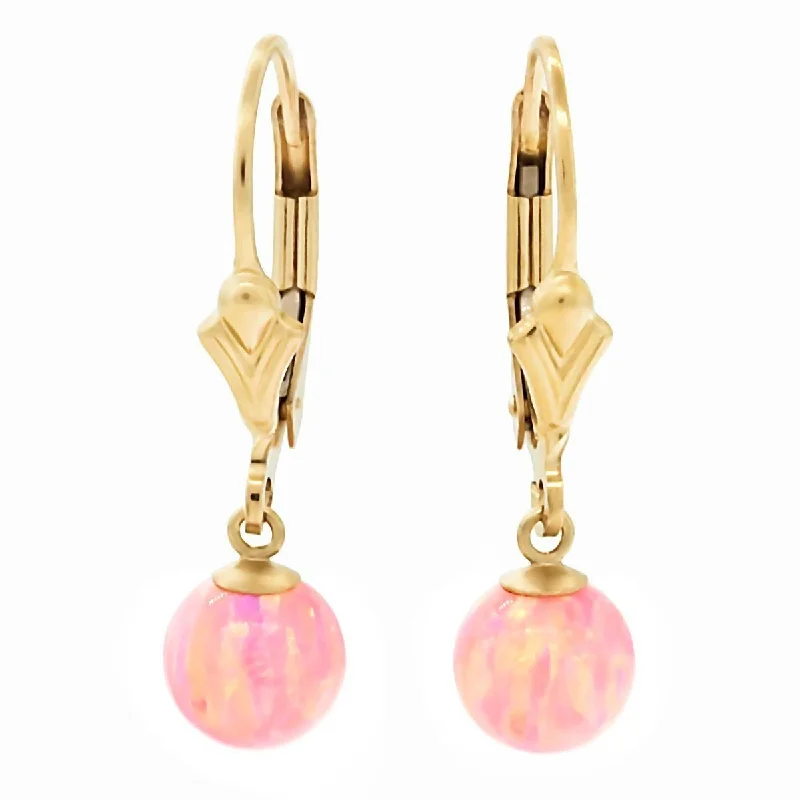 Vivid stone earrings-Elana: Pink Angel Skin Created Australian Opal Ball Drop Leverback Earrings 14-20 Gold Filled