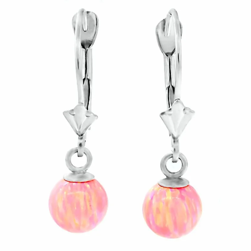 Rustic-edge earrings-Elana: Pink Angel Skin Created Australian Opal Ball Drop Leverback Earrings 14K White Gold