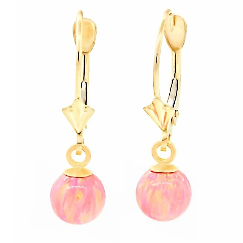 Slim-band earrings-Elana: Pink Angel Skin Created Australian Opal Ball Drop Leverback Earrings 14K Yellow Gold