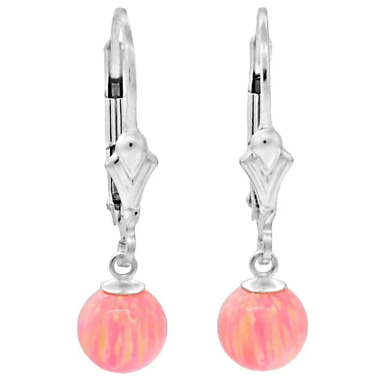 Recessed stone earrings-Elana: Pink Angel Skin Created Australian Opal Ball Drop Leverback Earrings 925 Sterling Silver