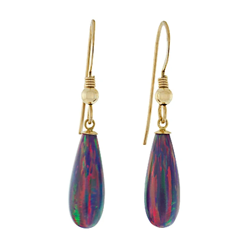 Low-profile cabochon earrings-Elizabeth: 16mm Royal Lavender Created Opal Teardrop Fishhook Earrings 14-20 GF