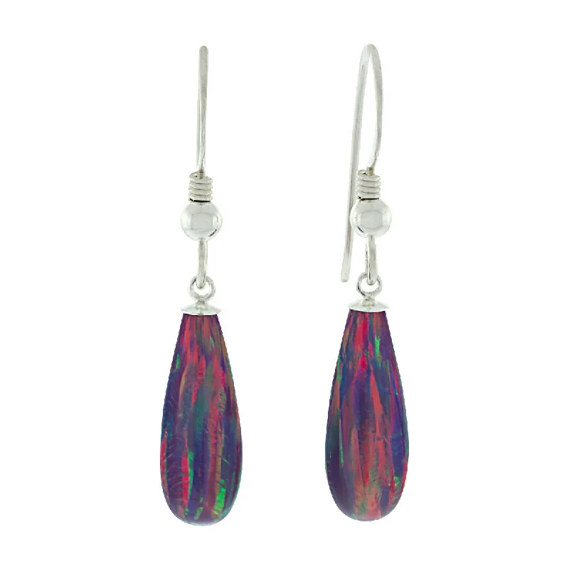 Knotted braid earrings-Elizabeth: 16mm Royal Lavender Created Opal Teardrop Fishhook Earrings Silver