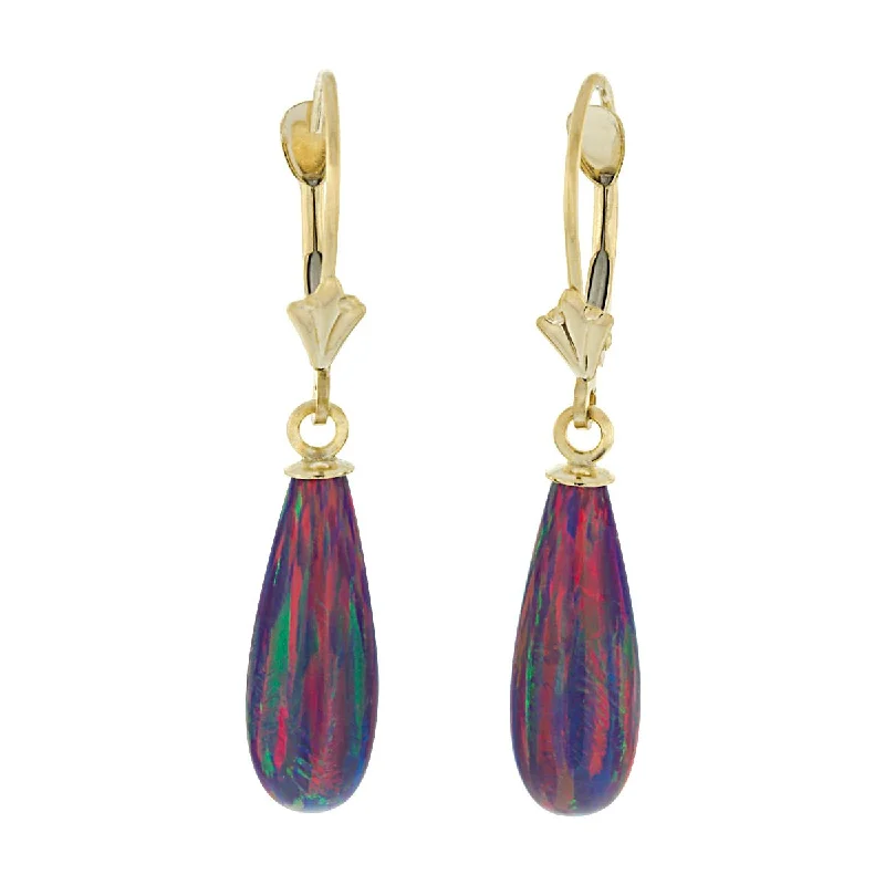 Cast silver earrings-Elizabeth: 16mm Royal Lavender Created Opal Teardrop Lever Back Earrings 14k YG