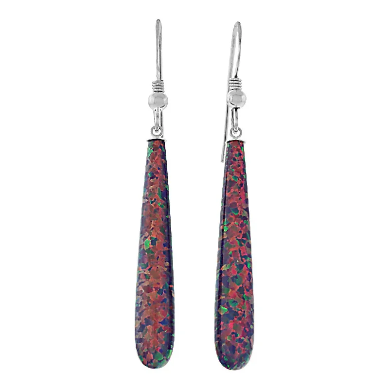 Furrowed pattern earrings-Elizabeth: 35mm Royal Lavender Created Opal Teardrop Fishhook Earrings Silver