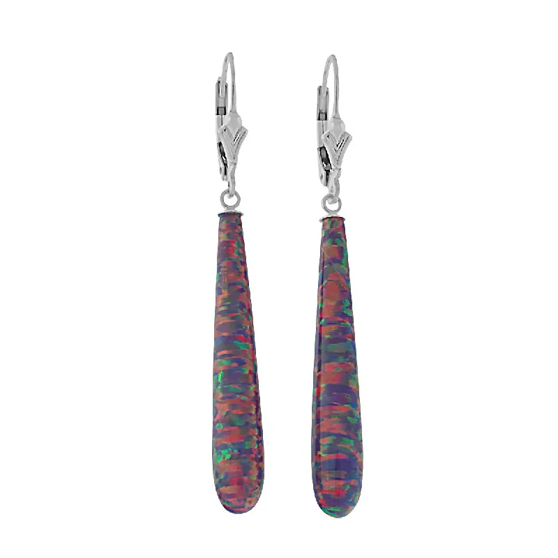 Tide-wave earrings-Elizabeth: 35mm Royal Lavender Created Opal Teardrop Lever Back Earrings Silver