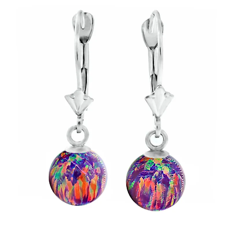 Spike motif earrings-Elizabeth: Royal Lavender Created Australian Opal Ball Drop Leverback Earrings 14K White Gold