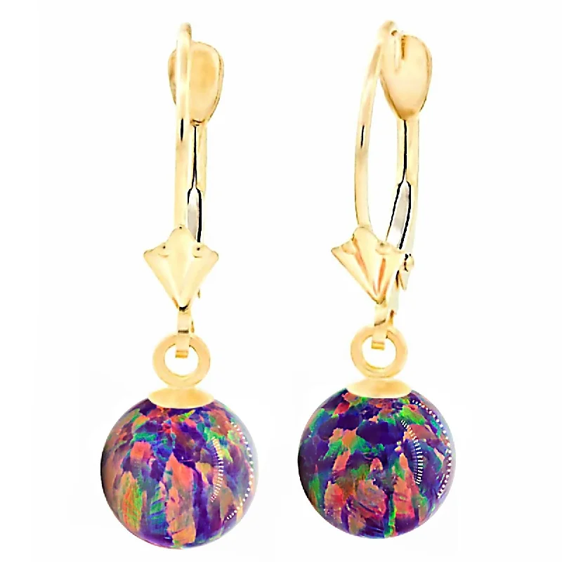 Fluted edge earrings-Elizabeth: Royal Lavender Created Australian Opal Ball Drop Leverback Earrings 14K Yellow Gold