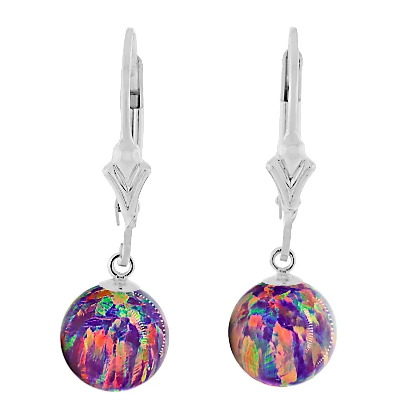 Shimmering drop earrings-Elizabeth: Royal Lavender Created Australian Opal Ball Drop Leverback Earrings 925 Sterling Silver