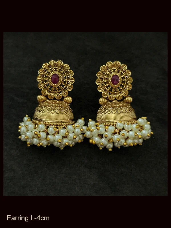 Rich howlite earrings-Flower top half jhoomki pearly cluster bottom earrings