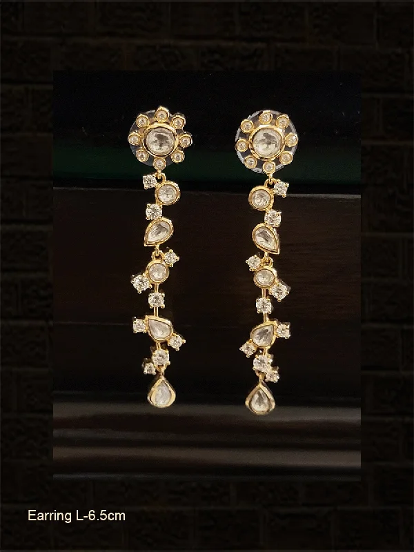 Curved gem earrings-Flower top long polki and white stones earrings