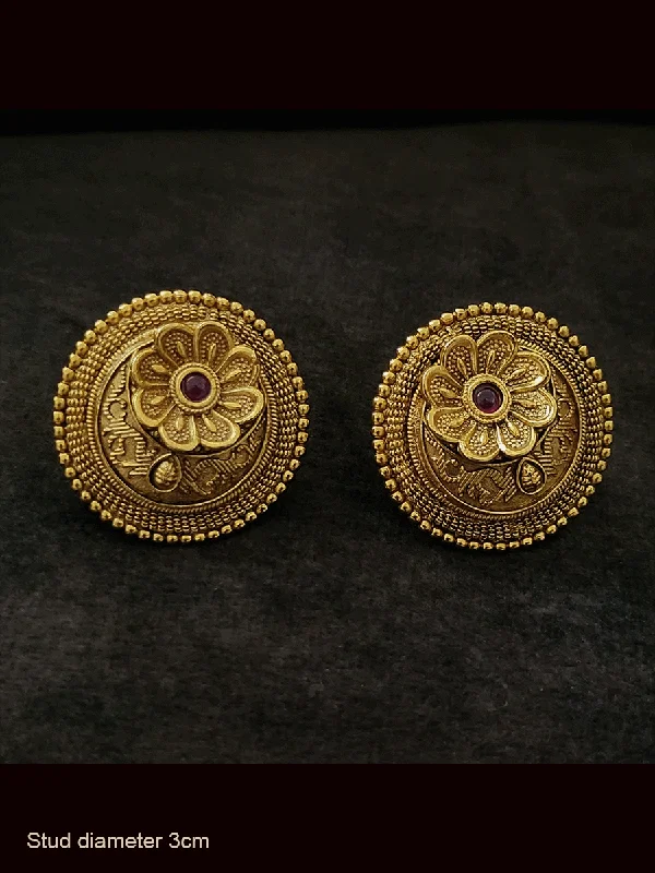 Welded gold earrings-Flower top with coloured stone self design bold studs(Diameter 3cm)