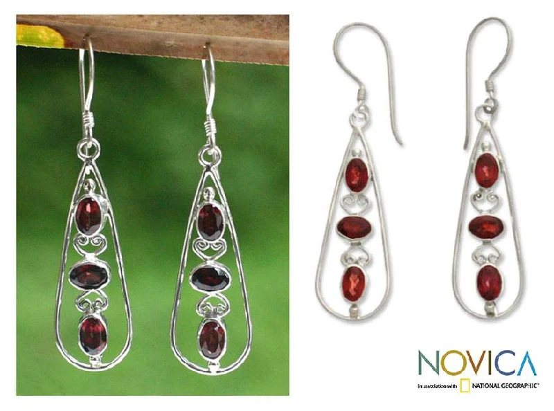 Seven-heart earrings-Garnet Earrings 'Scarlet Dewdrops' (Indonesia)