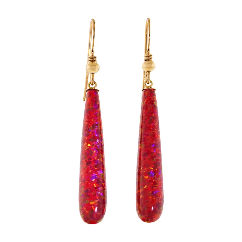 Rough-hewn edge earrings-Ginger: 35mm Flame Red Created Opal Teardrop Fishhook Earrings Gold Filled