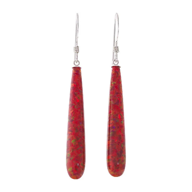 Cultural grooved earrings-Ginger: 35mm Flame Red Created Opal Teardrop Fishhook Earrings Sterling Silver