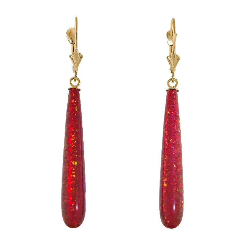 Layered birthstone earrings-Ginger: 35mm Flame Red Created Opal Teardrop Lever Back Earrings 14K Yellow Gold