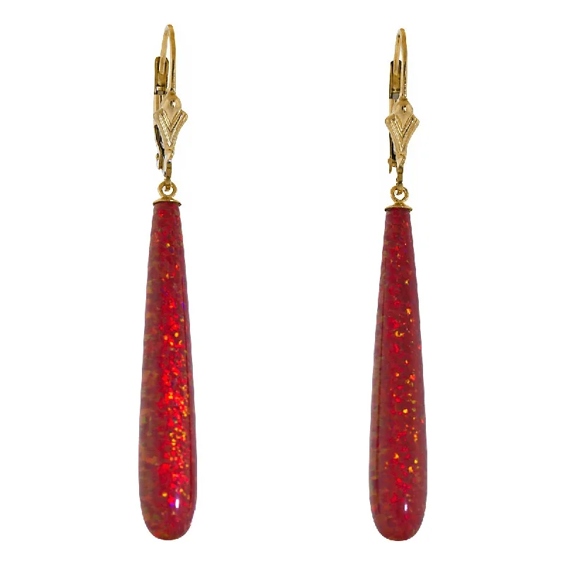 Extended diamond earrings-Ginger: 35mm Flame Red Created Opal Teardrop Lever Back Earrings Gold Filled