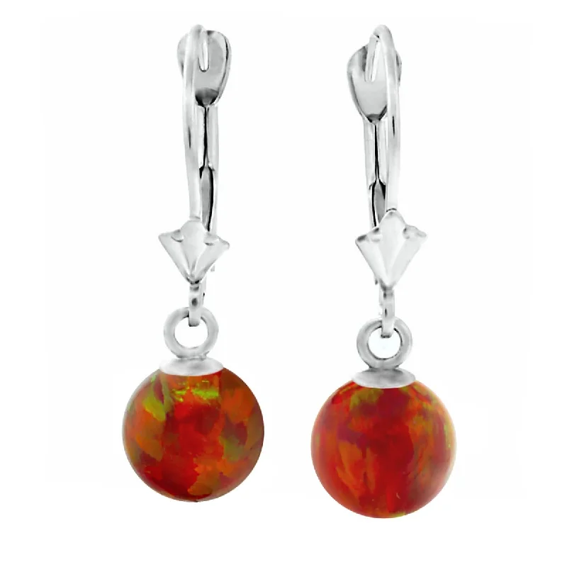 Antique-style opal earrings-Ginger: Flame Red Created Australian Opal Ball Drop Leverback Earrings 14K White Gold