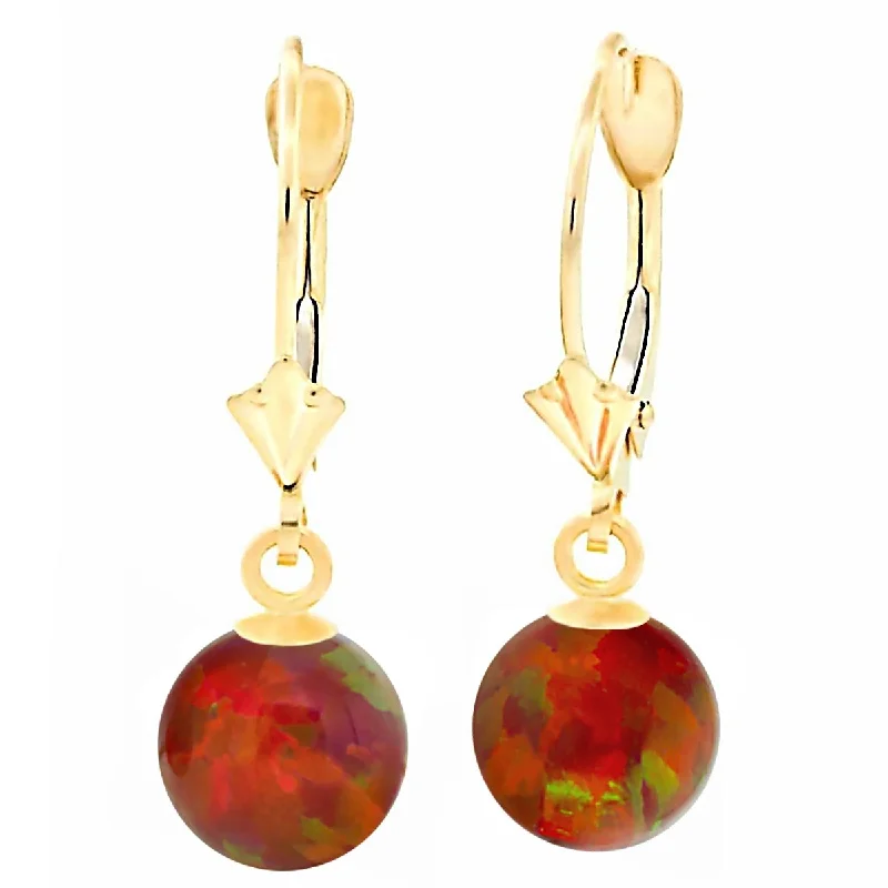 Light-carved earrings-Ginger: Flame Red Created Australian Opal Ball Drop Leverback Earrings 14K Yellow Gold