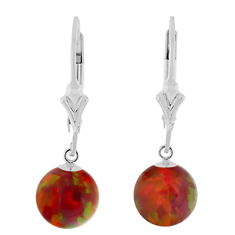 Furrowed edge earrings-Ginger: Flame Red Created Australian Opal Ball Drop Leverback Earrings 925 Sterling Silver